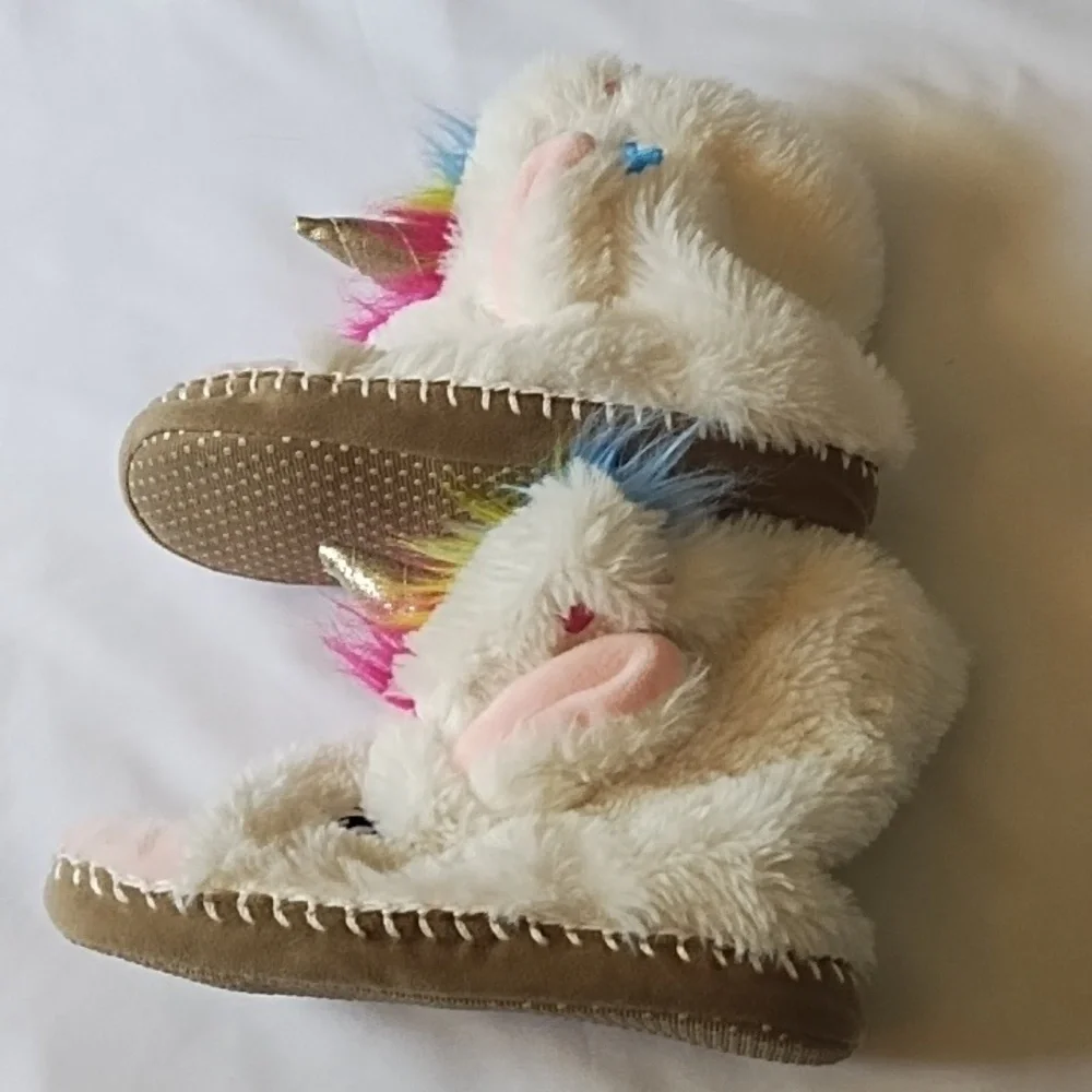 Unicorn Plush Slippers with Rainbow Mane
